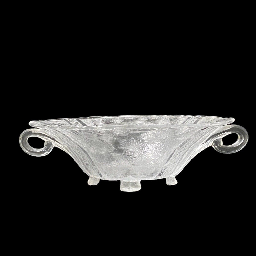 Vintage Heisey Glass Antarctic Etched Clear Bowl Four Toe Two Handle Rare 8.75"